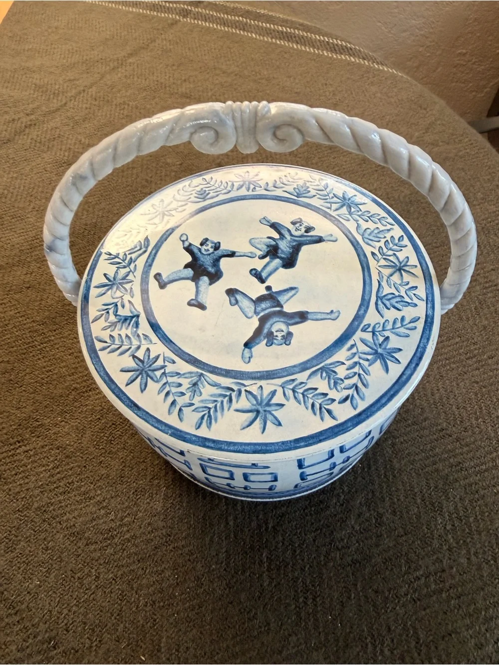 Vintage Blue and White Fricke & Nacke Chinoiserie Tin with Lid and Handle